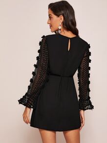 SHEIN Applique Detail Ruffle Cuff Tie Waist Dress - Black - View 2
