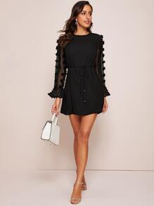 SHEIN Applique Detail Ruffle Cuff Tie Waist Dress - Black - View 3