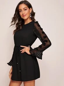 SHEIN Applique Detail Ruffle Cuff Tie Waist Dress - Black - View 4