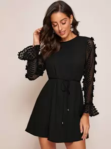 SHEIN Applique Detail Ruffle Cuff Tie Waist Dress - Black - View 1