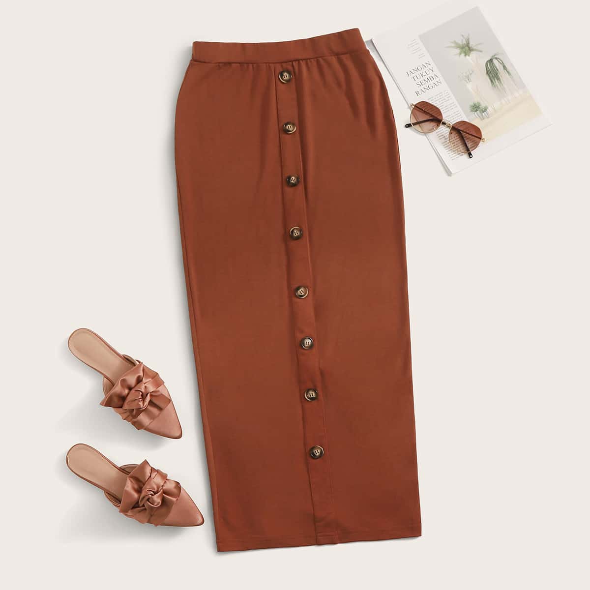 

Button Detail Split Back Pencil Skirt, Brown
