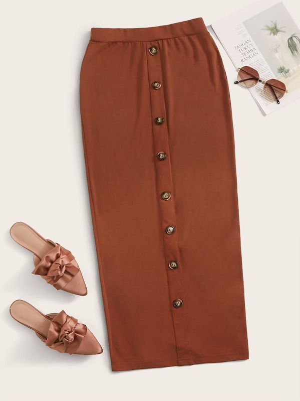 

Button Detail Split Back Pencil Skirt, Brown, Verob