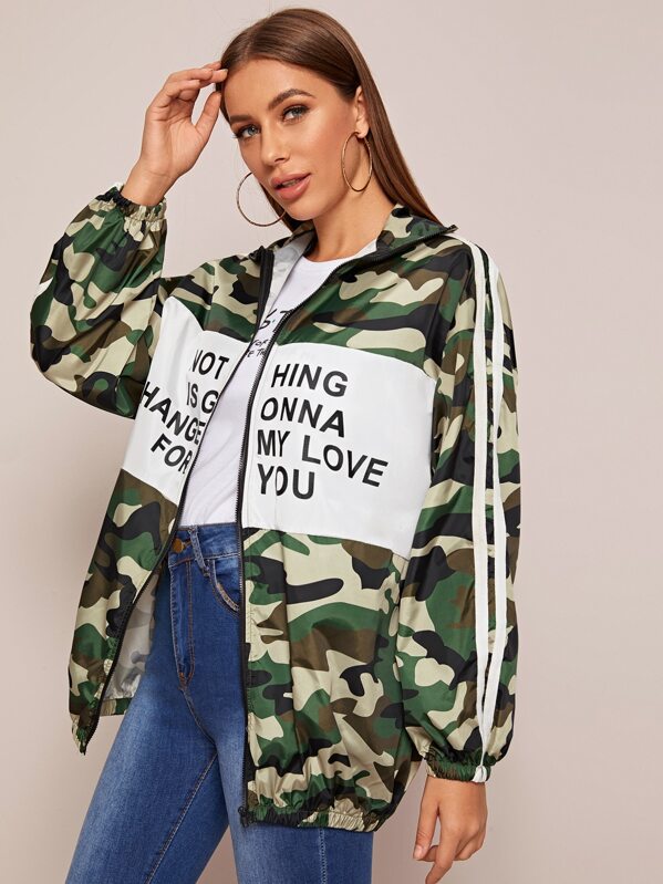 

Slogan Graphic Striped Sleeve Camo Windbreaker Jacket, Multicolor, Hanna