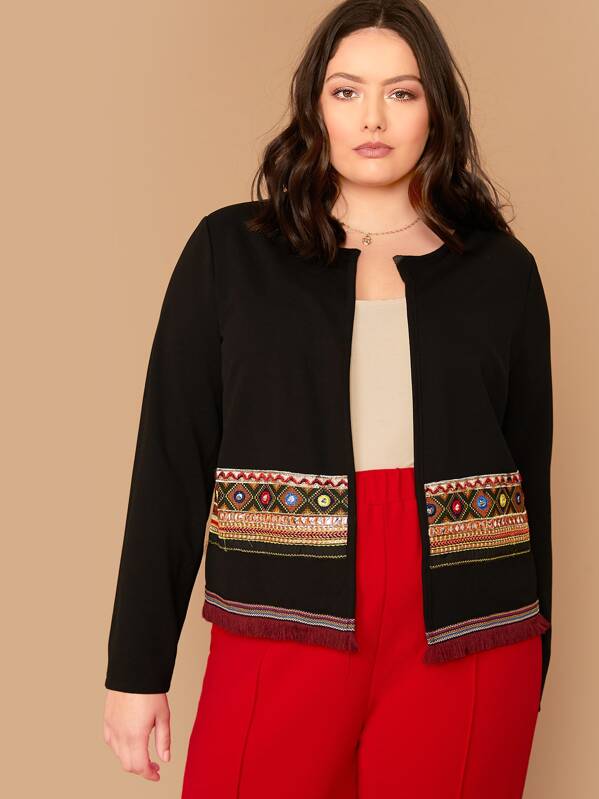 

Plus Tribal Tape Fringe Hem Jacket, Black, Marcelle Pallais