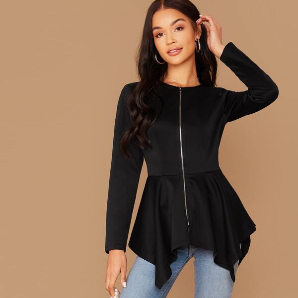 

Zip Up Asymmetrical Hem Jacket, Black