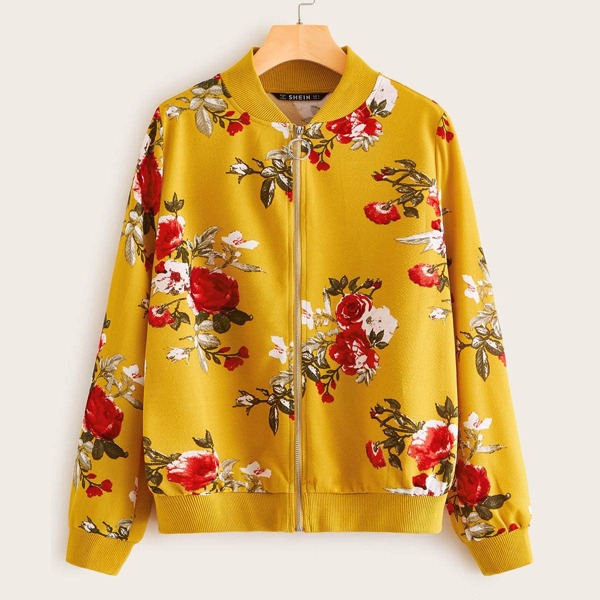 

Zip Up Floral Print Bomber Jacket, Yellow bright