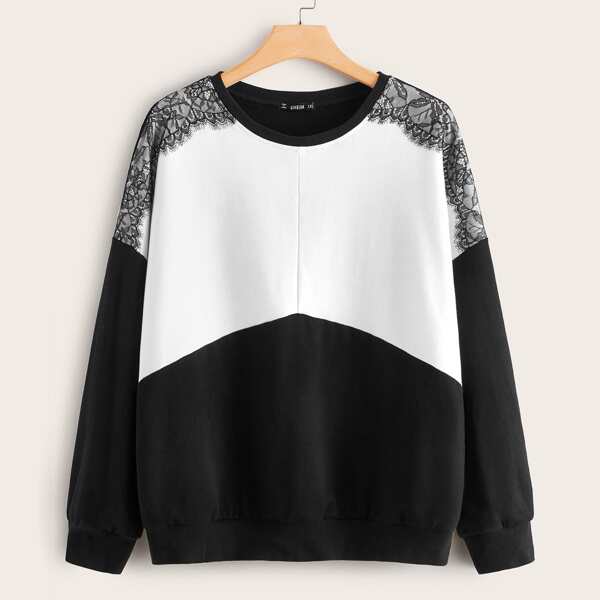 

Plus Drop Shoulder Contrast Lace Two Tone Pullover, Black and white