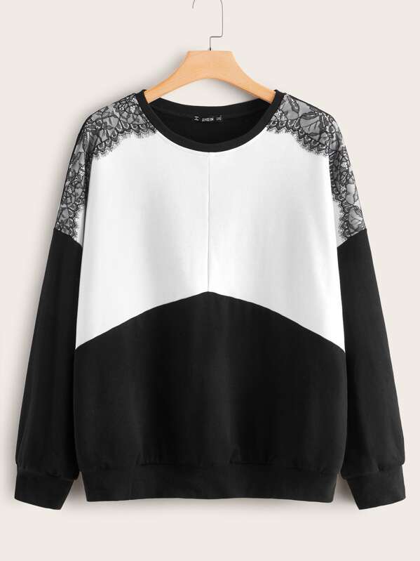 

Plus Drop Shoulder Contrast Lace Two Tone Pullover, Black and white, Faith Bowman