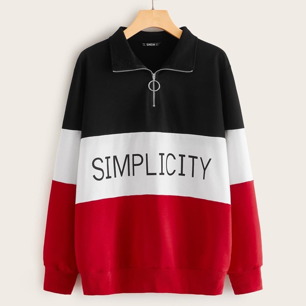 

Zip Half Placket Letter Graphic Colorblock Pullover, Multicolor