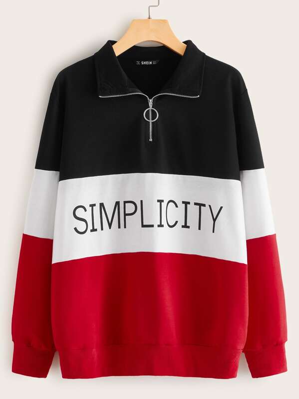 

Zip Half Placket Letter Graphic Colorblock Pullover, Multicolor, Hanna