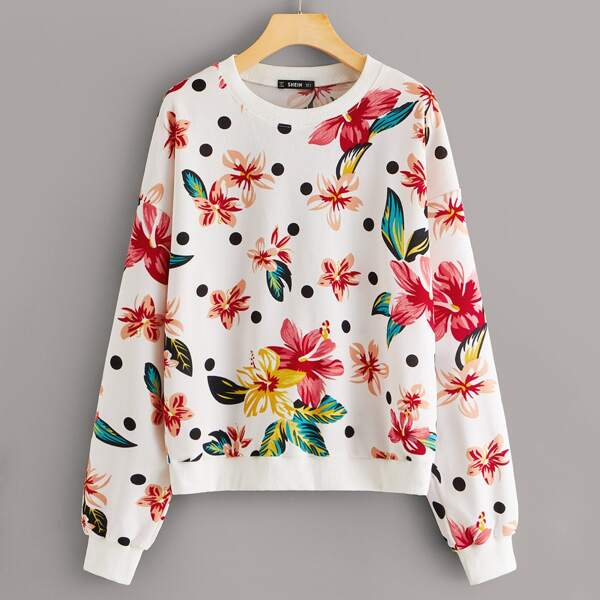 

Drop Shoulder Floral & Polka Dot Print Sweatshirt, Multicolor