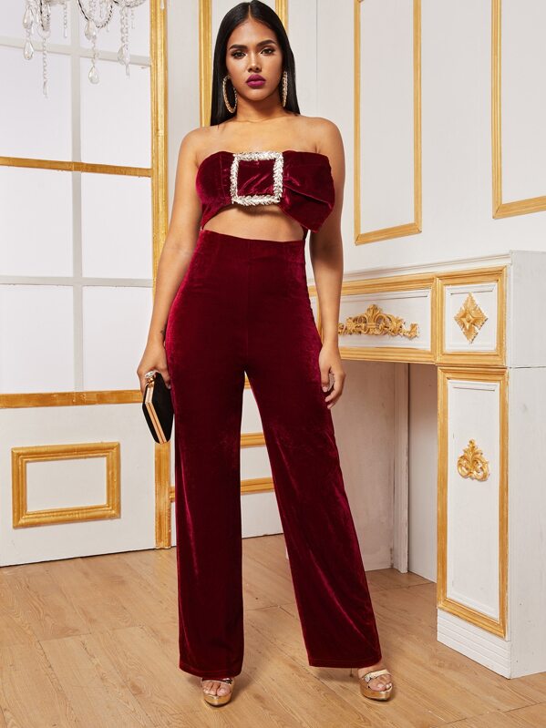 

Buckle Detail Big Bow Cutout Velvet Tube Jumpsuit, Burgundy, Tina