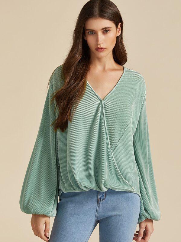 

Premium Surplice Neck Lantern Sleeve Plisse Top, Green, Mila
