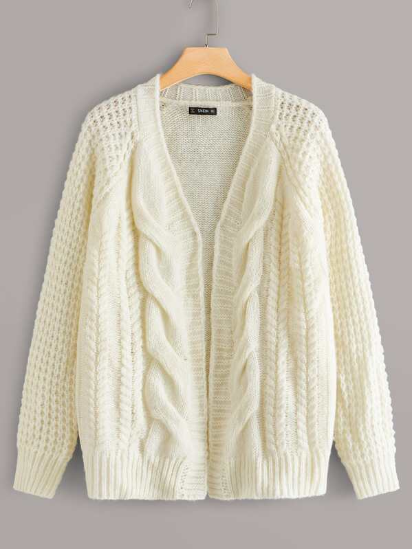 

Plus Cable Knit Raglan Sleeve Cardigan, Beige