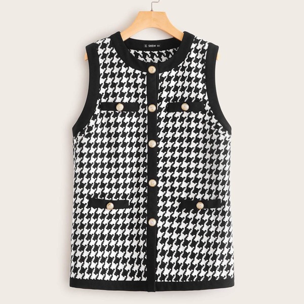 

Houndstooth Button Front Vest, Black and white