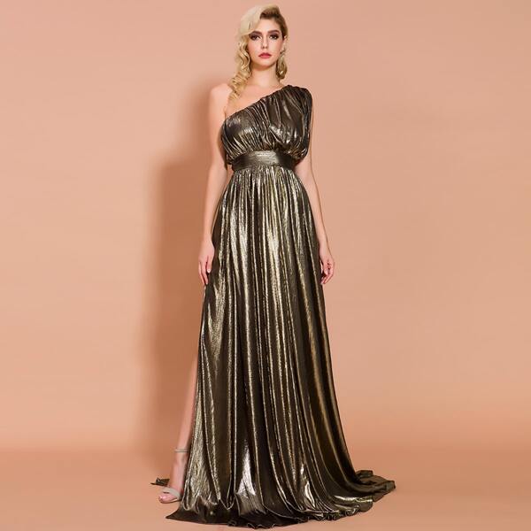 

Missord One Shoulder Split Thigh Metallic Prom Dress