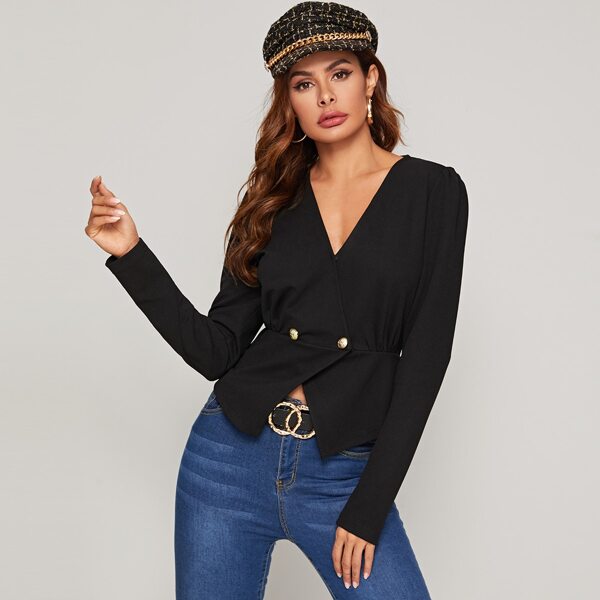 

V-neck Gold Button Detail Asymmetrical Hem Top, Black