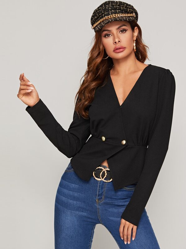 

V-neck Gold Button Detail Asymmetrical Hem Top, Black, Andy