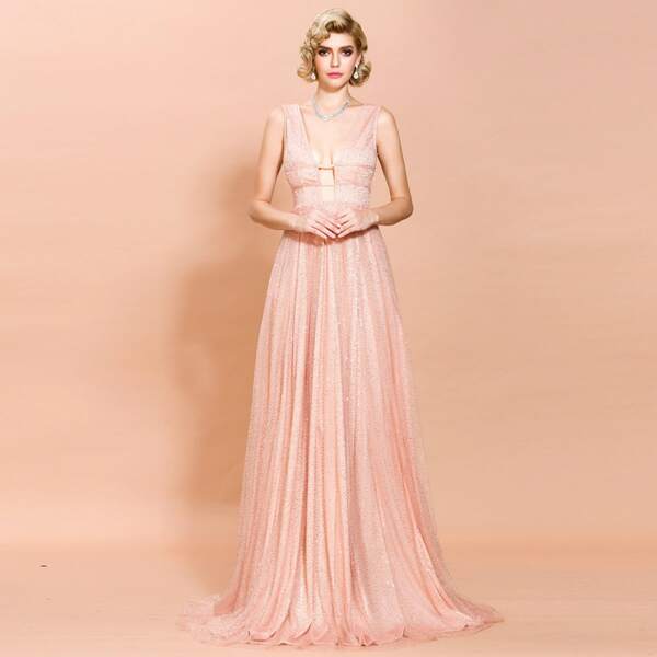 

Missord Laddering Plunge Neck Glitter Prom Dress, Pink pastel
