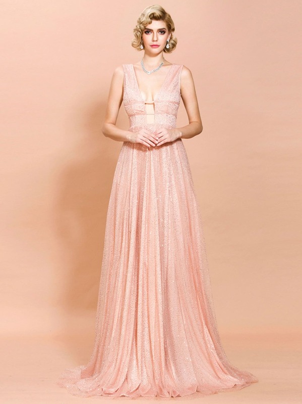 

Missord Laddering Plunge Neck Glitter Prom Dress, Pink