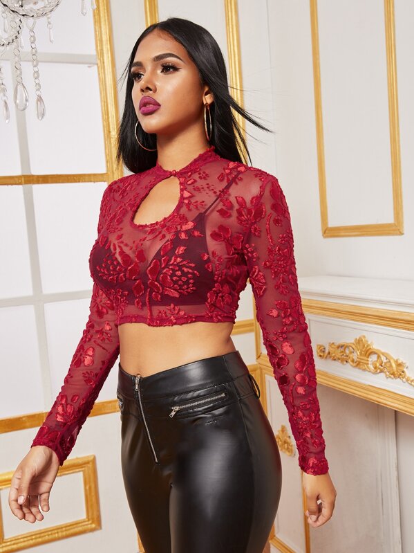

Keyhole Neck Flocked Mesh Crop Top Without Bra, Red, Tina