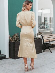 Simplee vestido de satén de muslo con abertura fruncido - Dorado - Ver 2