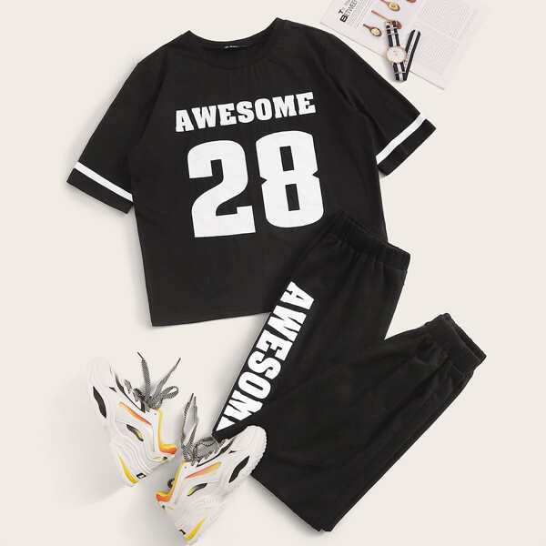 

Number and Letter Graphic Tee & Sweatpants Set, Black