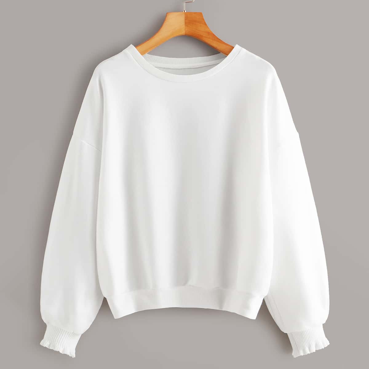 

Solid Shirred Cuff Crew Neck Sweatshirt, White