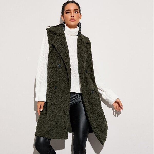 

Notched Collar Double Breasted Teddy Vest Coat, Army green