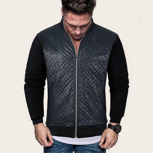 

Men Zip Up Quilted PU Leather Bomber jacket, Navy