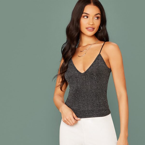 

Double V-Neck Rib-knit Cami Top, Grey