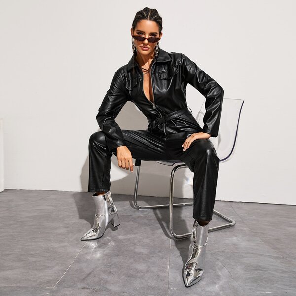

Solid Zip Up Belted PU Jumpsuit, Black