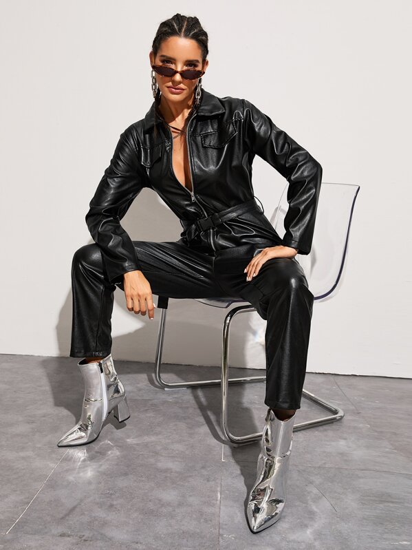 

Solid Zip Up Belted PU Jumpsuit, Black, Juliana