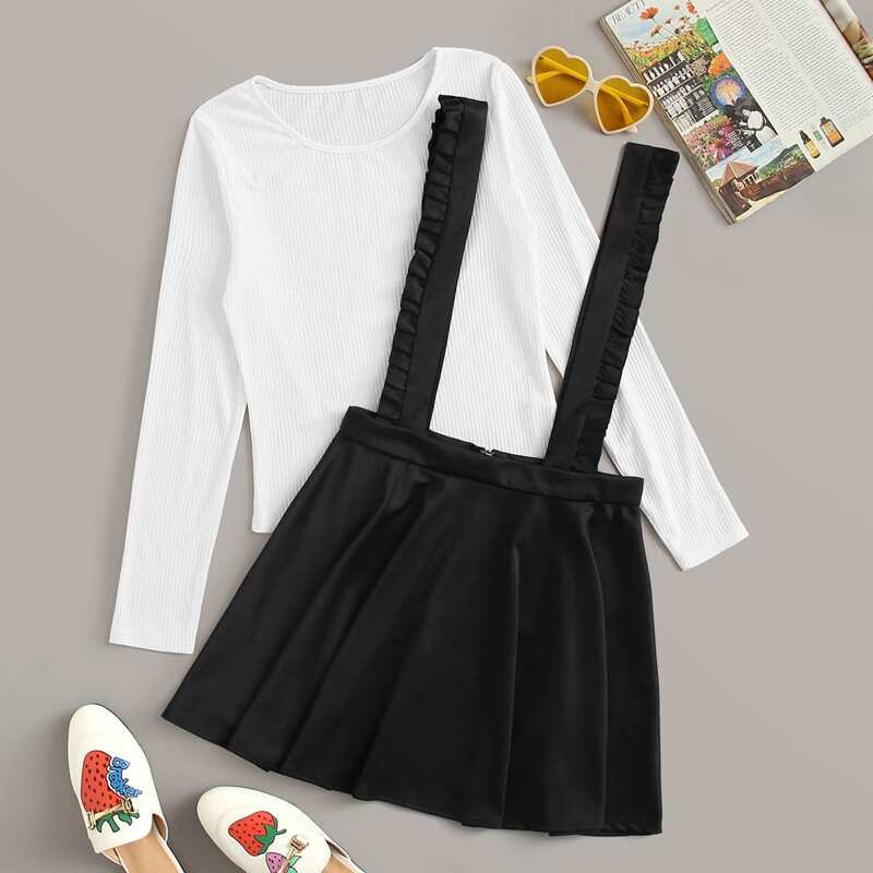 

Solid Ribbed Tee & Ruffle Straps Skirt, Black and white
