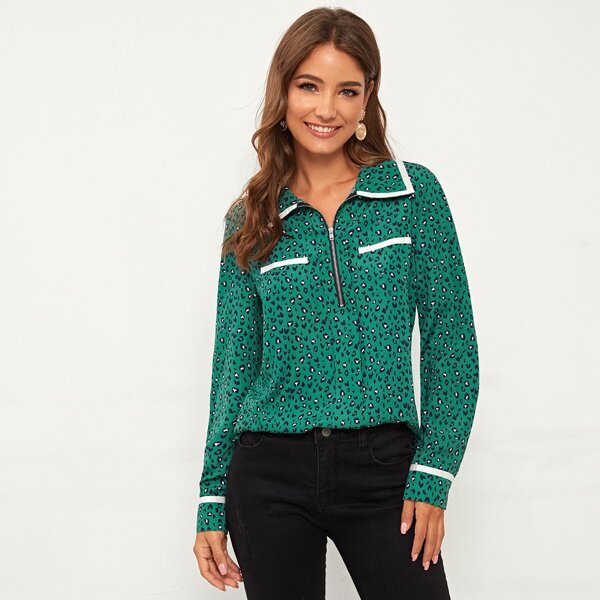 

Dalmatian Print Half Zip Blouse, Green
