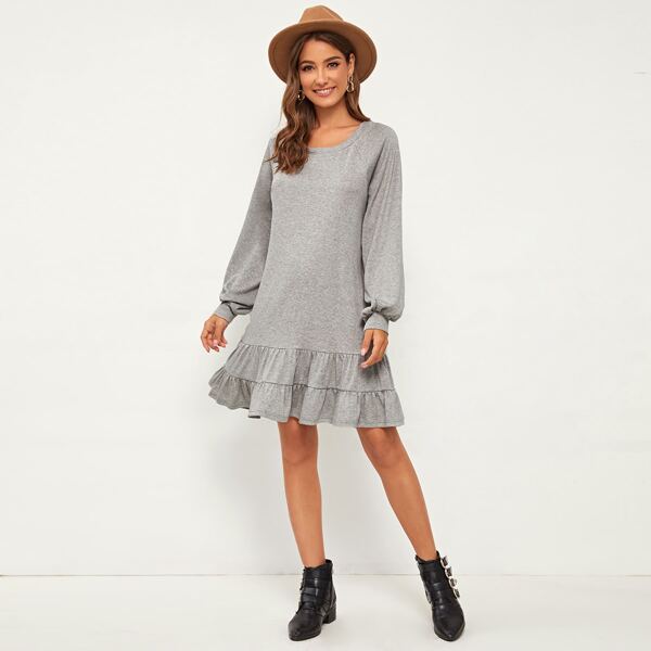 

Solid Raglan Sleeve Babydoll Dress Without Belt, Grey