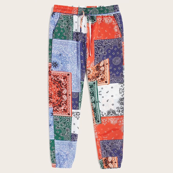 

Men Drawstring Waist Slant Pocket Patchwork Pants, Multicolor