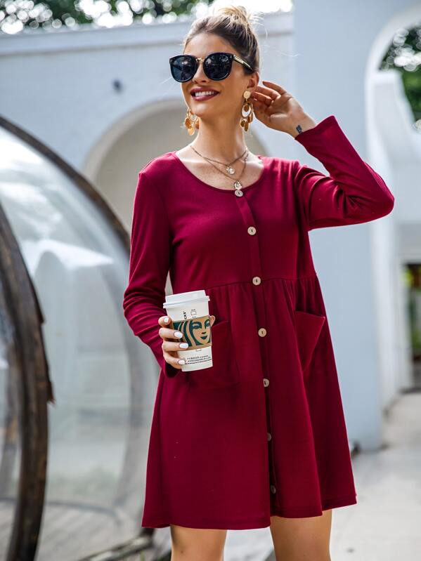 

Button Through Solid Sweater Dress, Burgundy