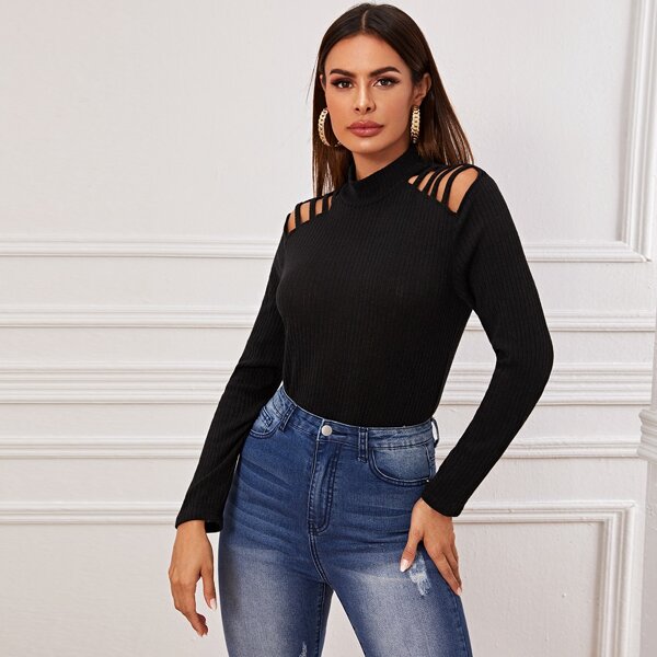 

Solid Mock Neck Cut Out Sweater, Black