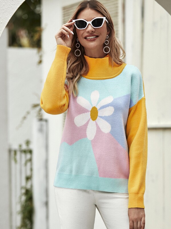 

Daisy Print Color-Block Turtleneck Sweater, Multicolor, Nathane