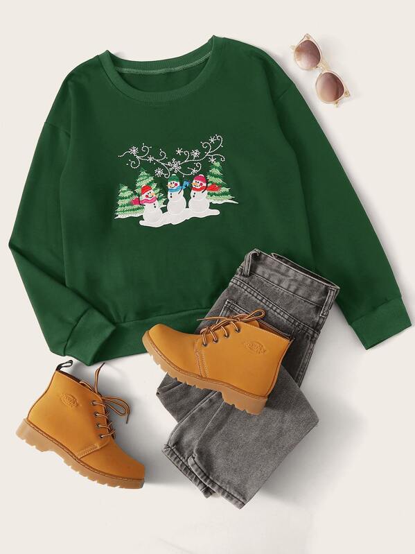 

Christmas New Year Snowmen Patched Round Neck Sweatshirt, Green