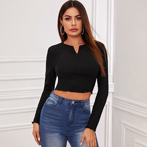 

Notched Lettuce Trim Ribbed Crop Tee, Black