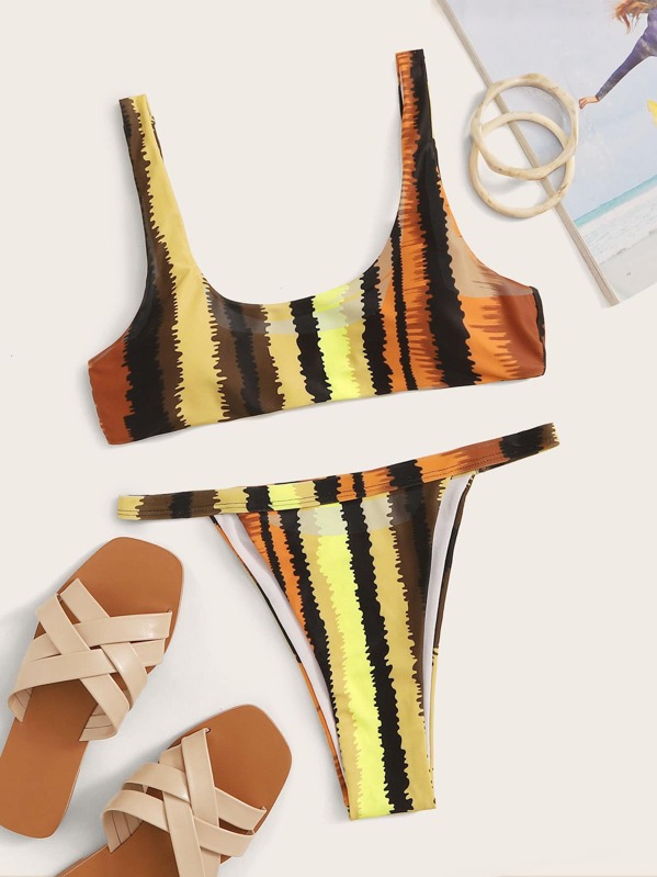 

Muti-color Striped Top With High Cut Bikini Set, Multicolor