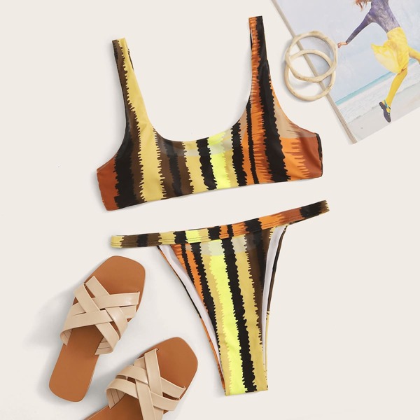 

Muti-color Striped Top With High Cut Bikini Set, Multicolor