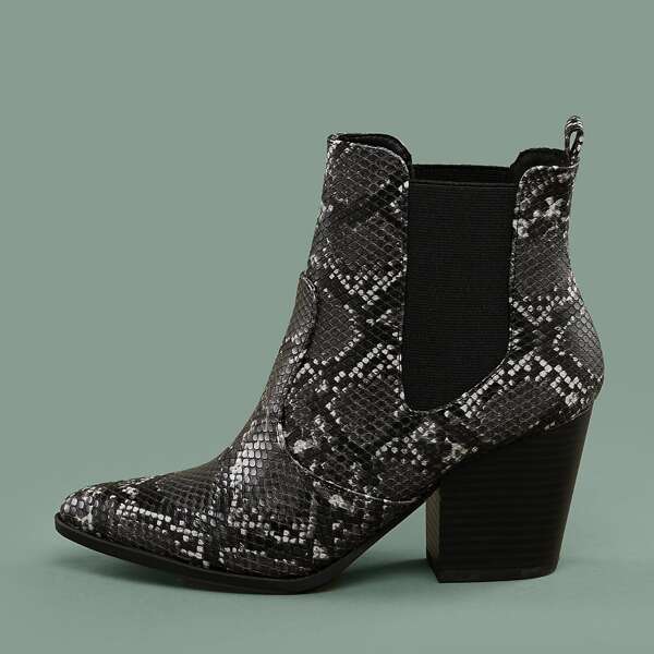 

Pointy Toe Stretch Side Block Heel Snake Booties, Multicolor