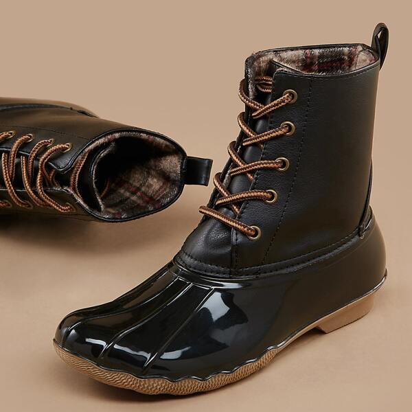 

Lace Front Plaid Lining Cold Weather Boots, Black