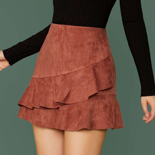 

Elastic Waist Faux Suede Ruffle Flounce Hem Skirt