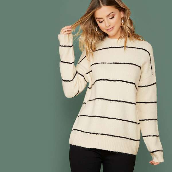 

Crew Neck Knitted Stripe Pullover Sweater, Beige