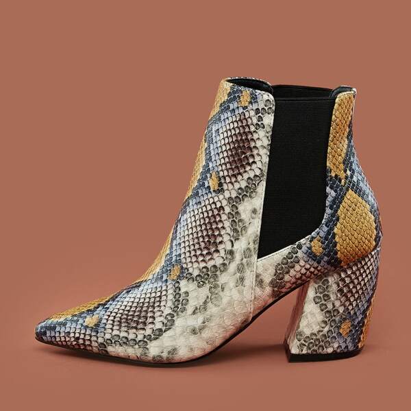 

Multi Snake Pointy Toe Elastic Goring Booties, Multicolor