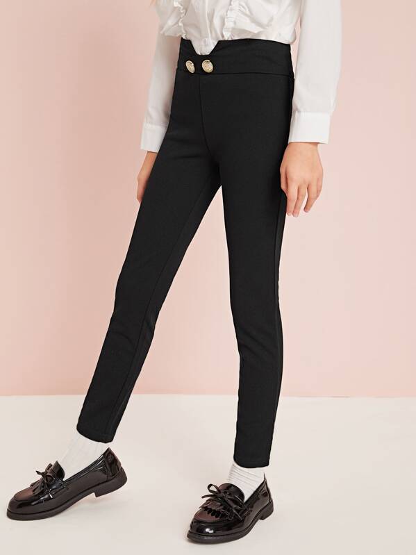 

Girls Buttoned Notched Waist Pants, Black, Sashab